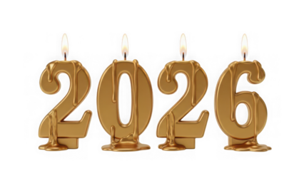 Golden candles forming the year 2026 on transparent background isolated on white