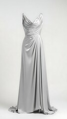 Elegant Silver Silk Cowl Neck Evening Gown | Fluid Drape Formal Maxi Dress