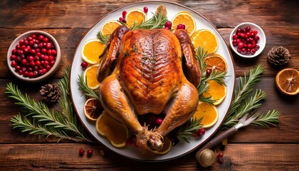a whole roasted turkey is served on a platter with stuffing cranberries orange slices and rosemary on a rustic wooden table
