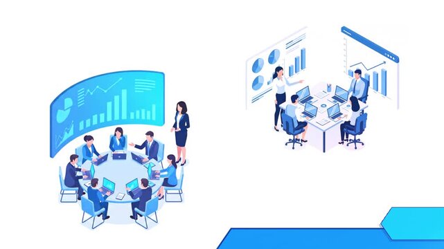 Business Strategy Meeting with Digital Analytics Dashboard, Isometric Style