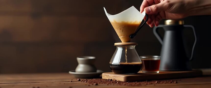Process of making coffee using vintage style coffee filter dripper kits showcasing barista brewing with classic tools. concept as Process of making coffee using vintage style coffee filter dripper kit