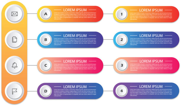Professional 4 Step Business Infographic Table with Hierarchical Flow. Multi-Level Process Map with Category Banners, Icons, and Data Columns. Vector Illustration for Corporate Data Visualization
