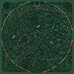 A symbolic illustration of jealousy as a green monster in Shakespeare's tragedy "Othello", dark green and gold, intricate Art Nouveau style, many eyes, thorny vines