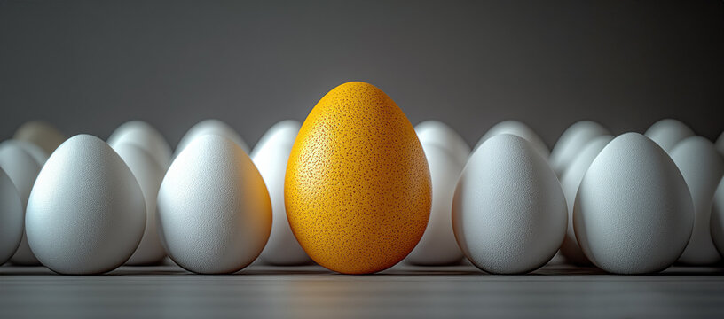 Yellow Egg with Spots Among White Speckled Eggs. 3D rendering, bright yellow egg with stands out among white speckled eggs, symbolizing uniqueness, nonconformity