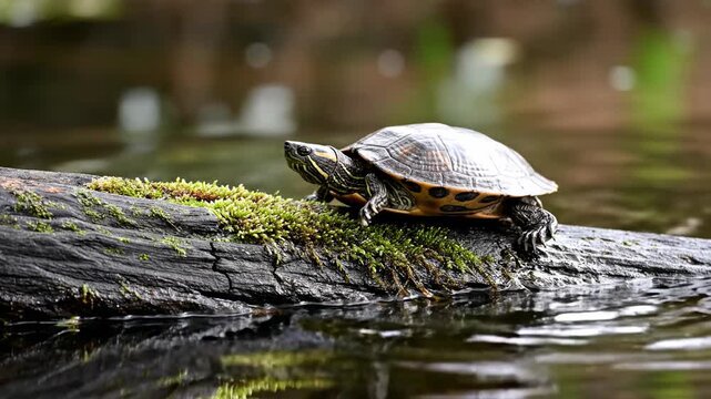Seamlessly looping abstract background showing a weathered log with a stationary turtle floating gently on the surface of dark, calm water slow, meditation, turtle
