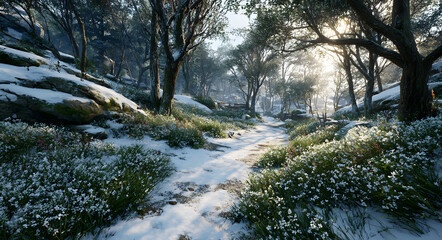 Split Landscape Snow Green - Winter Spring Transition for Groundhog Day