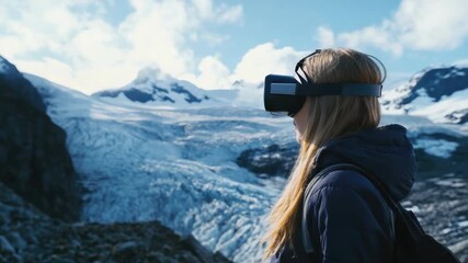 A young woman with blonde hair wearing a black jacket stands on a rocky outcropping. She is wearing a virtual reality headset and has a backpack nearby. - Powered by Adobe