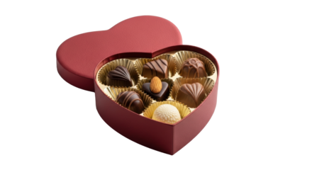 An elegant, open deep matte red heart-shaped gift box, meticulously arranged with seven gourmet chocolates in gleaming golden foil cups on a bright white background, concept of luxury gifting