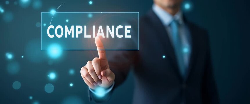 Hand touches screen interface selecting Compliance button symbolizes adherence to regulations and workplace standards. concept as Highlights the importance of compliance and ethical practices in achie