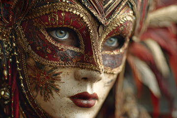 Venetian carnival mask with red and gold feathers is posing on a red background
