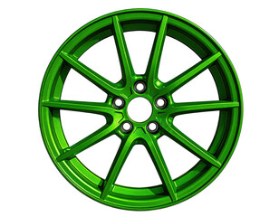 Glossy, vibrant green alloy wheel with ten spokes, isolated on a black background