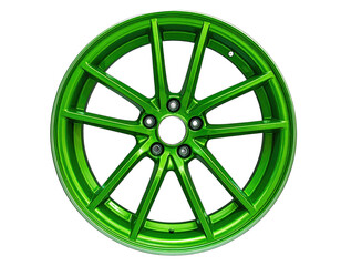 Bright green, multi-spoke automotive wheel, isolated on a black background, with shiny, metallic finish