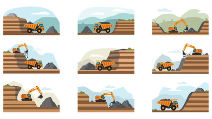 Mining operations illustrated dump trucks excavators and quarry landscapes in action © md reyan