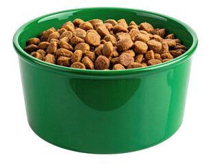A vibrant, green bowl filled with small, circular, brown kibble food for a domestic pet
