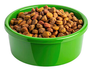 A vibrant, close-up shot of dry pet food, piled high in a round, green plastic bowl
