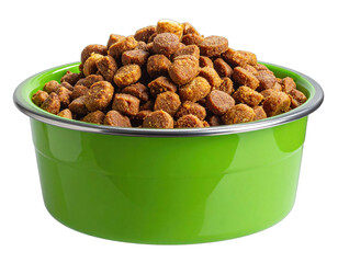 A vibrant, close-up shot of dog kibble overflowing from a bright green bowl