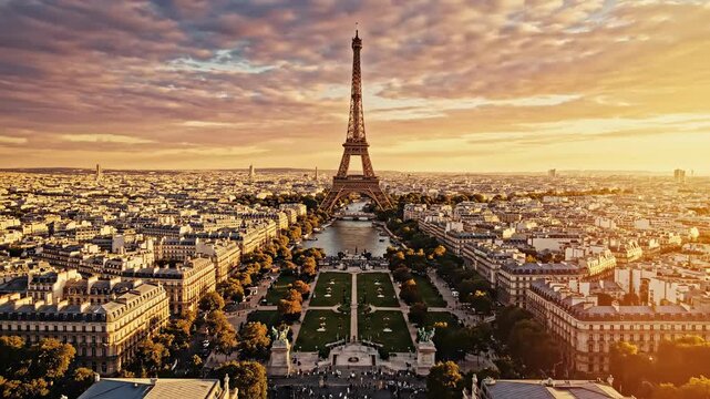 Eiffel Tower's Majestic Panorama: Capture the iconic beauty of the Eiffel Tower set against a breathtaking panorama of Paris at dusk.