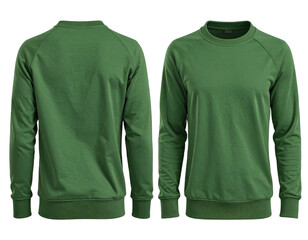 Plain, evergreen-colored sweatshirt presented from front and back views against a black background
