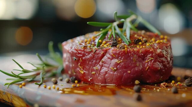 A delicious medium rare steak cooked to perfection, topped with fresh herbs and spices. Served on a rustic wooden platter for an appealing presentation.