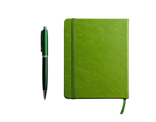 A vibrant green notebook sits next to a matching pen, isolated on a black background