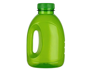 Translucent, green plastic bottle with a handle, filled, and topped with a green lid