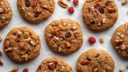 Homemade cookies with nuts and candied fruits on a white background.
