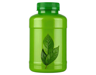 Green pill bottle, leaves graphic, green lid, black background, glossy, pharmaceutical