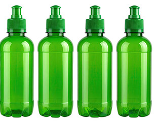 Four identical vibrant green plastic water bottles against a stark black background