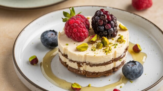 Italian dessert semifredo with raspberries and pistachios.