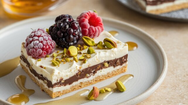 Italian dessert semifredo with raspberries and pistachios.