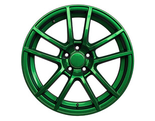 Metallic green alloy car wheel on a black backdrop, showing a multi-spoke design