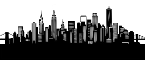 Transparent PNG available
Detailed architectural line drawing of a modern city skyline with diverse skyscrapers and urban landscape