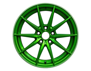 A vibrant, glossy, emerald-green automotive wheel with a multi-spoke design. Isolated on black