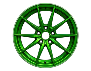 A vibrant, glossy, emerald-green automotive wheel with a multi-spoke design. Isolated on black