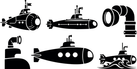 Submarine silhouette vector collection with periscope and underwater exploration elements in black and white design