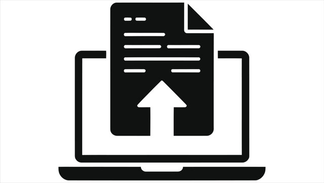 Upload file icon, laptop with document and arrow up, online homework submission, e-learning concept, digital education, internet assignment symbol, vector graphic for school and university.