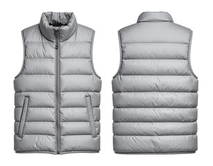 Gray padded vest displayed, front and back views, with a stand-up collar and zippered front