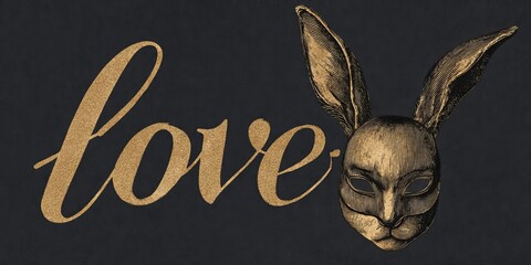 Gold script love text and vintage rabbit mask word