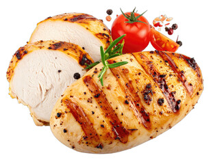 Grilled, seasoned chicken breast with a few sliced pieces, tomato, and herbs