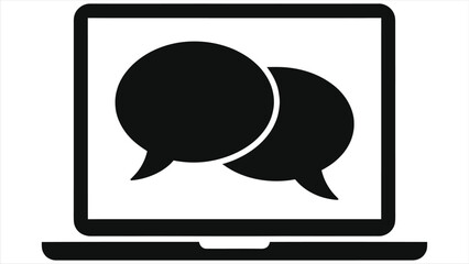 E-learning icon: Laptop with speech bubbles symbolizing online education, virtual discussion, and digital chat learning. Vector illustration for webinar and remote communication concepts.