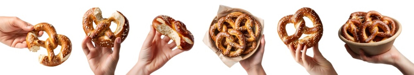 Set of hand holding baked Pretzel knotted bun bread pastry dessert, takeaway bowl, pile group slice torn broken piece, transparent cutout PNG. Many different style. Mockup for design