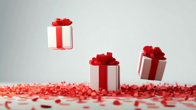 Celebration with floating gift boxes and falling petals in a simple setting