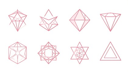 Eight geometric, pink, line-art designs of crystals and complex shapes on a white background. These include diamonds, triangles, and star-like forms