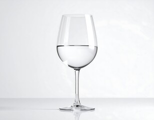 Elegant, clear wine glass filled with still water, set against a pristine white background. The stem and bowl are perfectly shaped
