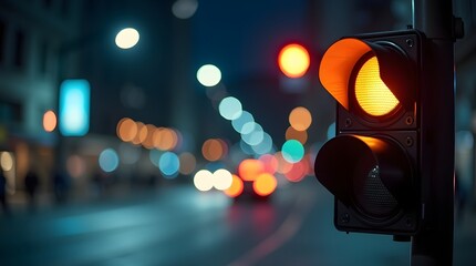 Nighttime traffic light with glowing orange signal and blurred city lights in the background