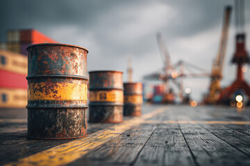 Oil Barrels on Shipping Dock with Cranes and Containers in Background