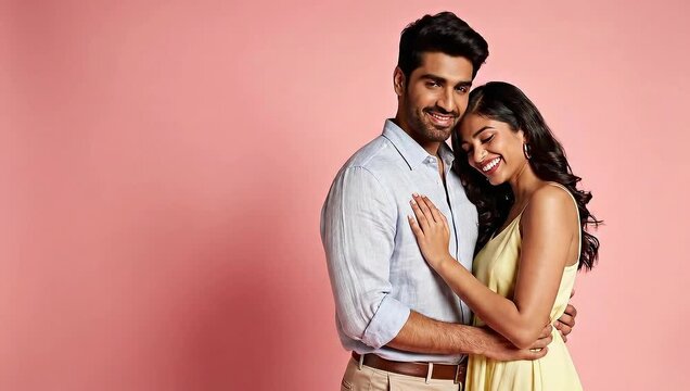 Romantic Couple Laughing Together Against Pink Backdrop.
