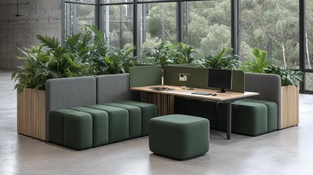 Medium shot of a flexible hybrid work area blending casual seating with functional desk space highlighting adaptability and efficient use of room