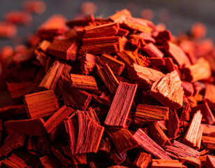 A close-up of a pile of small, raw, bright red Okoum� wood chips used in traditional crafts and lumber production.