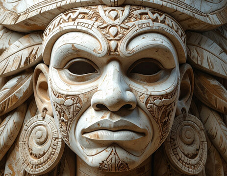A close-up of a richly detailed, carved Punu mask showing the distinct white kaolin clay face and intricate traditional scarification patterns.